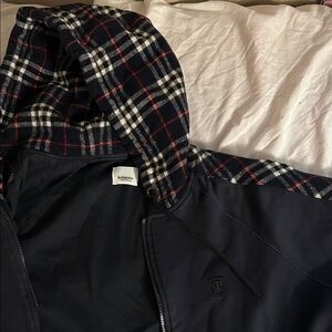Burberry Men's Dark Blue Jacket with Plaid Hood
